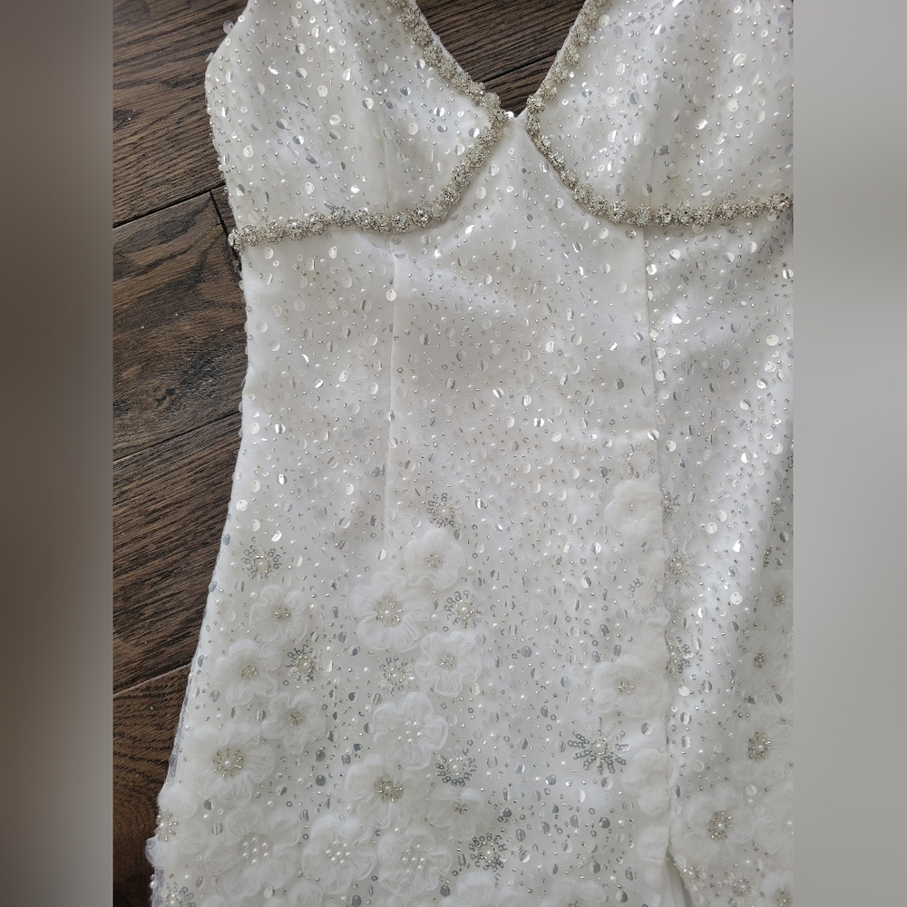 Self Portrait White Beaded Sequin V-neck Mini Dress - Picture 4 of 6